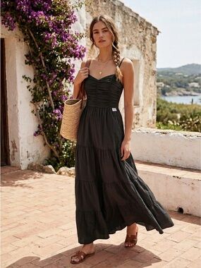 Auguste the Label Black Tiered Maxi Dress Size M Ruched Bodice Boho Minimalist